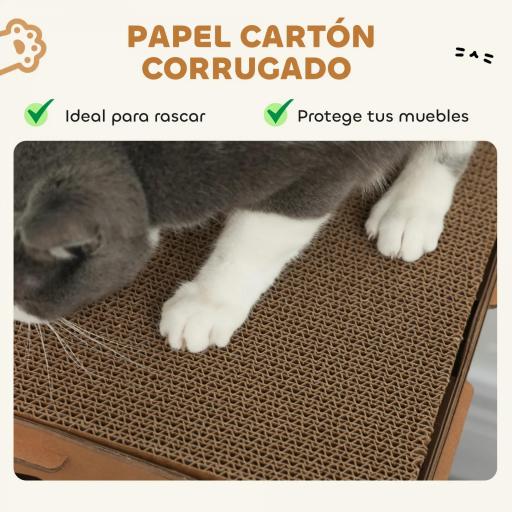 Casa para Gatos de Cartón Forma Castillo 2 Niveles con 3 Zonas de Rascado Túnel Rampa Incluye Hierba Marrón [4]