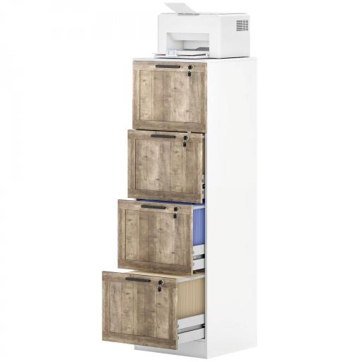 Cajonera de Escritorio con 4 Cajones Cerradura 2 Llaves Barras Colgantes para A4 Carta 39,4x40x129 cm Blanco y Madera [8]