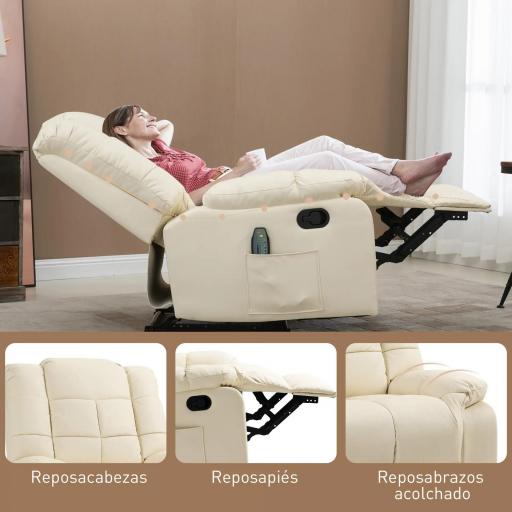 Sillón de Masaje Reclinable con 8 Puntos de Masaje Mando a Distancia Tapizado en PU Reposapiés Bolsillo Lateral Crema [5]