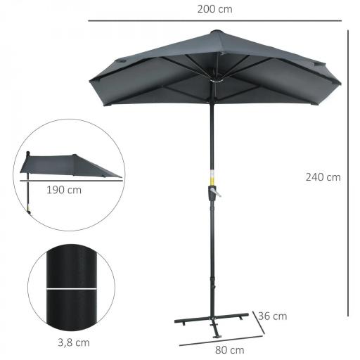 Parasol de Terraza 200x190x240 cm con Manivela Poste de Acero y Base Cruzada Anti-UV para Terraza Balcón Gris [1]