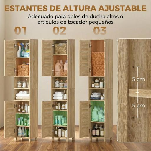 Armario Alto para Baño con Estantes Ajustables Puertas de Lamas Apertura por Presión 34x23x170 cm Natural [3]