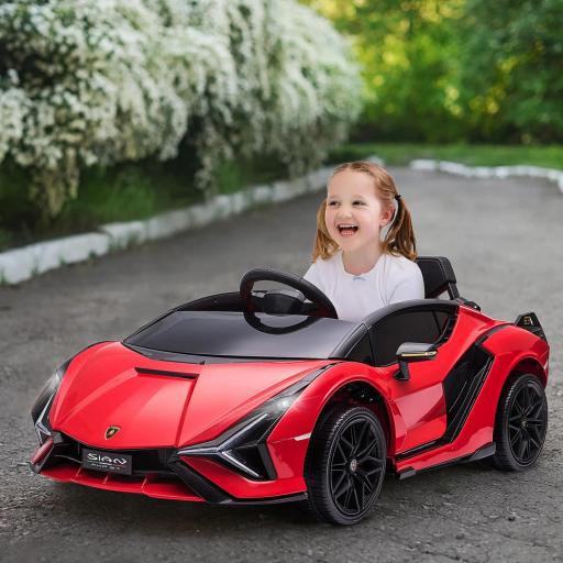 Coche Eléctrico para Niños de +3 Años Lamborghini SIAN Coche de Batería 12V con Mando a Distancia Apertura de Puerta Música MP3 USB y Faros 3-5 km/h 108x62x40 cm Rojo