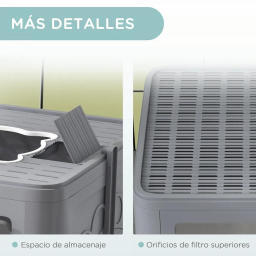 Arenero para Gatos Cubierto con Pala Cepillo 2 Puertas Entrada Principal y Salida Superior 48,5x38x36,5 cm Gris [3]