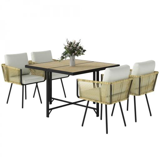Conjunto de Mesa y Sillas Jardín de Ratán 5 Piezas con Mesa de Plástico-Madera 4 Sillas con Cojines Extraíbles Beige [9]