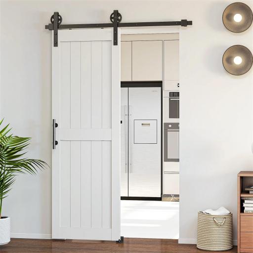 Puerta Corredera de Granero con Herrajes Manija Rodillo y Guía de Suelo Mejorados para Baño Salón 71,5x213,4 cm Blanco [1]