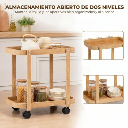 Carrito de Cocina de Bambú de 2 Niveles Carrito Auxiliar para Cocina con Ruedas 2 Estantes 54x36,5x60 cm Natural [6]