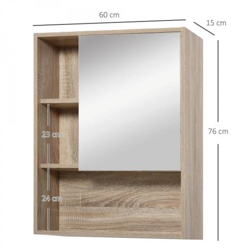 Armario con Espejo Armario de Baño Montado en Pared con Estante Ajustable en Altura Espacio Interno Estantes Abiertos 60x15x76 cm Grano de Roble [8]