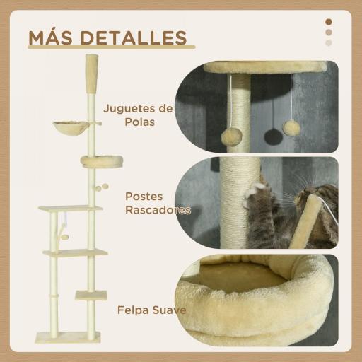 Árbol para Gatos de Suelo a Techo de 230-250 cm con Altura Ajustable Múltiples Plataformas Cestos Hamaca Bolas Beige [3]