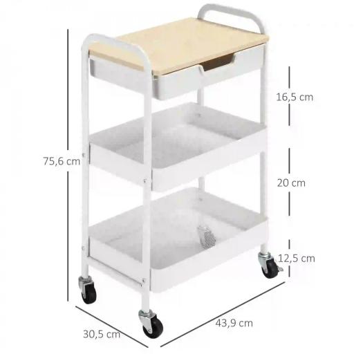 Carrito de Cocina con Ruedas Carro de Almacenamiento con Cajón Extraíble 2 Cestas y Frenos para Baño Salón Dormitorio 43,9x30,5x75,6 cm Blanco [1]