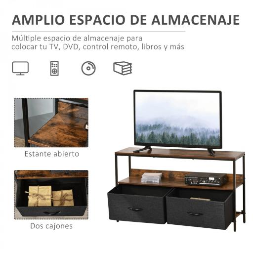 Mueble de TV, Mesa de TV con Estante y 2 Cajones de Tela Plegables, para Televisores hasta 47 Pulgadas, Largo de 98 cm, para Salón, Dormitorio, Marrón Rústico y Negro [4]