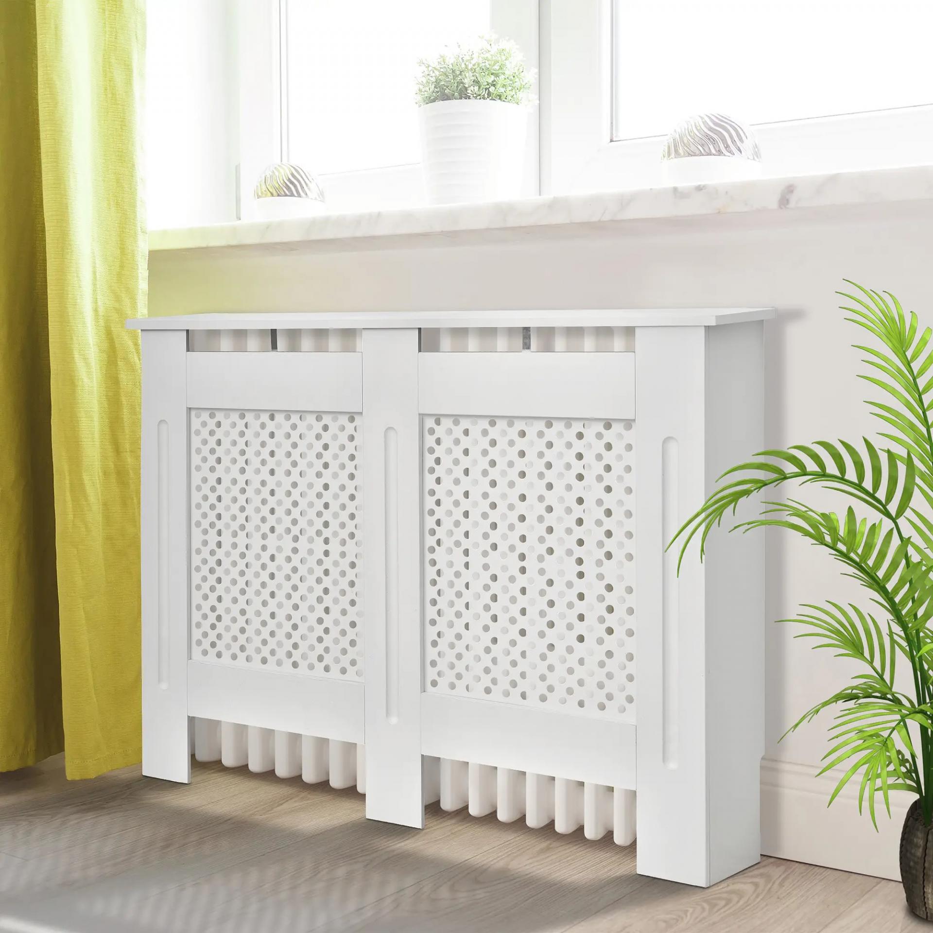 Cubre Radiadores, 111.5x19x82 cm, Cubierta para Radiador Moderna de MDF, con Estante Superior y Listones, para Salón, Dormitorio, Pasillo, Blanco