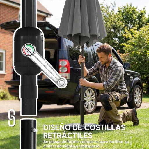 Sombrilla Terraza Exterior 3x3m con Base Bolsa de Arena Manivela Inclinación Costillas Retráctiles Gris Oscuro [3]
