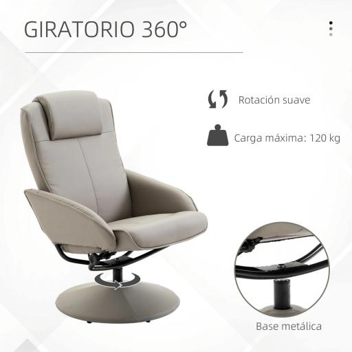 Sillón Relax Reclinable hasta 145° con Taburete Reposapiés Sillón de Salón Giratorio 360° Tapizado en PU y Estructura de Acero 78x67x98 cm Gris [3]