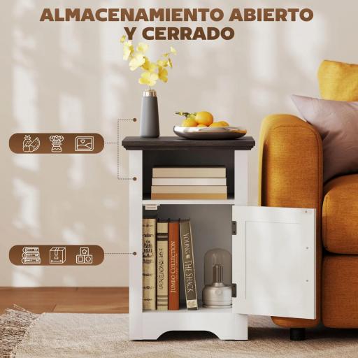Mesitas de Noche Rústicas Mesas Auxiliares con Puerta Estilo Granero y Estante 40x35x60 cm Blanco y Marrón [5]