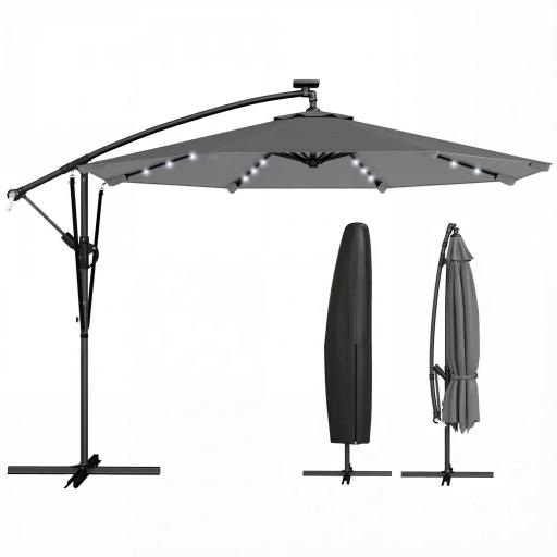 Parasol Excéntrico con Luces LED Solares 330x295 cm Sombrilla con Base Cruzada Manivela Funda Protectora Gris Oscuro [9]