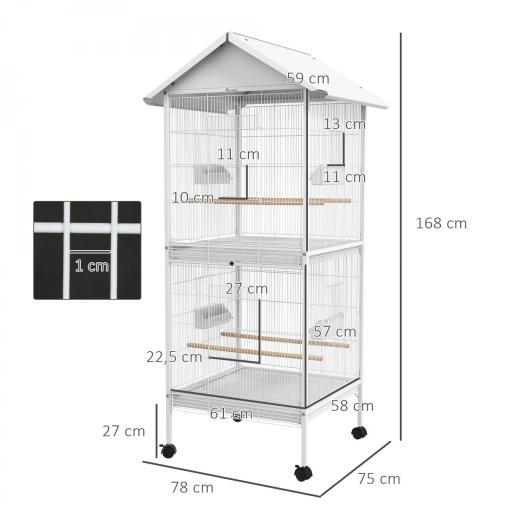 Jaula para Pájaros Grande de 2 Pisos Convertible en Sola Jaula con Ruedas Comederos 4 Perchas 78x75x168 cm Blanco [1]