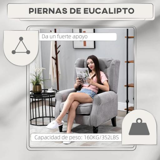 Sillón de Salón con Reposacabezas y Patas de Madera Butaca Carga 160 kg para Dormitorio Oficina Sala de Estar Gris [3]
