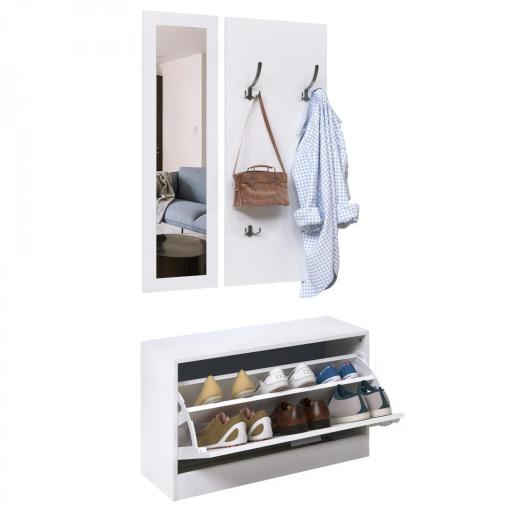 Conjunto de Muebles de Entrada Recibidor Pasillo Set de 3 Piezas Zapatero Espejo Perchero con 4 Ganchos para Colgar Ropa 80x27x46,5cm Blanco [8]