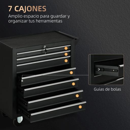 Carro de Herramientas con 7 Cajones Cerradura Asa 2 Ruedas con Freno de Bloqueo para Garaje Hogar Negro [6]