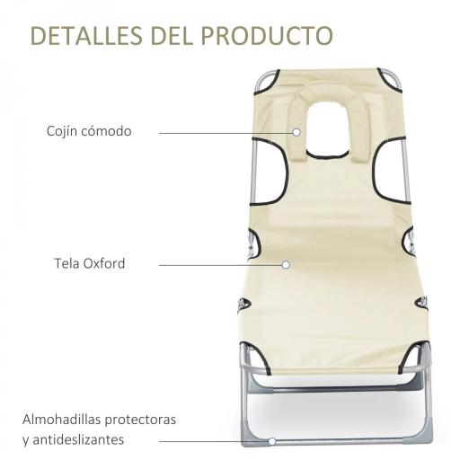 Tumbona Reclinable y Plegable de Jardín con Orificio de Lectura Reposacabezas y Respaldo Ajustable en 5 Niveles para Playa 182x56x28 cm Beige [3]