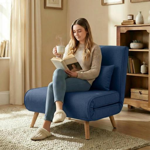 Sofá Cama Individual Plegable con Respaldo Ajustable 5 Posiciones Sillón Cama Tapizado con Cojín 72x75x85 cm Azul [7]