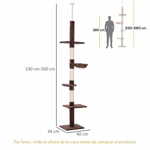 Árbol para Gatos de Suelo a Techo de 230-260 cm con Altura Ajustable Plataformas Hamaca y Postes de Sisal Marrón [1]