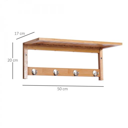 Perchero de Pared de Bambú Estante Toallero de pared 4 Ganchos para Entrada Salón Baño Pasillo Dormitorio 50x16x17,5 cm Carga 5kg [1]