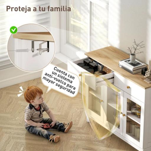 Aparador para Salón Moderno con 3 Puertas de Vidrio Estriado 2 Cajones y Estantes Ajustables 100x35x80,3 cm Blanco [6]