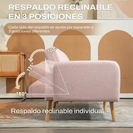 Sofá Cama de 3 Plazas Rosa Pastel Tapizado en Lino Sintético con Respaldo Ajustable y Reposabrazos Desmontables 173x75x73 cm Rosa [3]