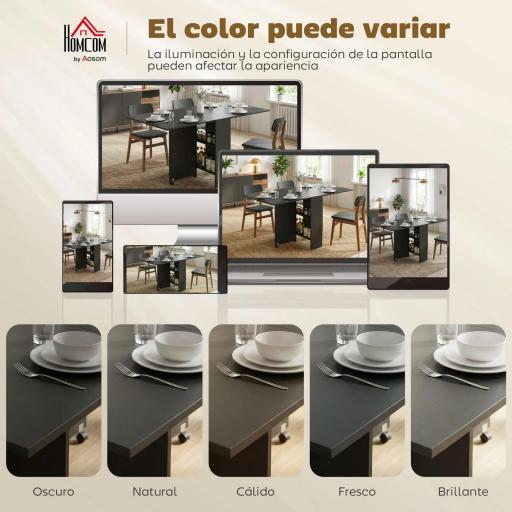 Mesa de Cocina Plegable con 2 Ruedas 2 Estantes de Almacenaje y 2 Alas Abatibles Estilo Moderno 75x140x74 cm Negro [6]
