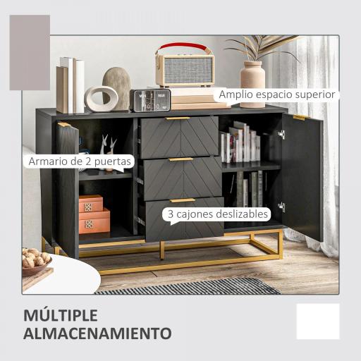 Aparador para Salón con 3 Cajones 2 Puertas y Estante Ajustable Mueble Auxiliar para Salón Antivuelco 120x40x76 cm Negro [3]