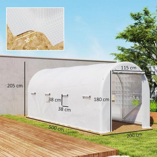 Invernadero de Túnel 500x200x205 cm Invernadero de Jardín con Puerta Enrollable y 8 Ventanas Cubierta PE 140 g/m² Blanco [1]