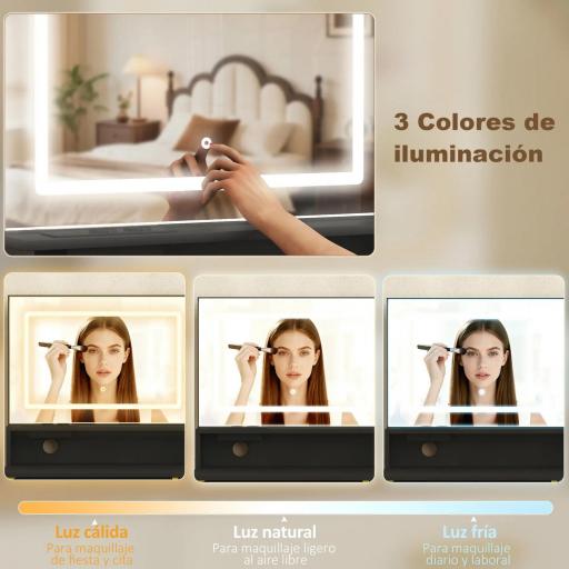 Tocador de Maquillaje con Espejo Luces LED Estación de Carga Taburete Estación de Carga 4 Cajones Negro [6]