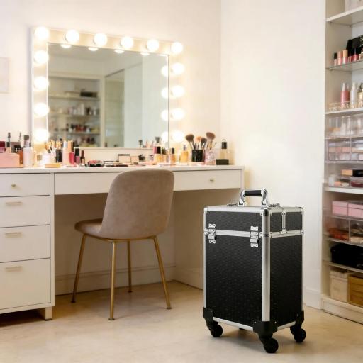 Maleta de Maquillaje Profesional con Ruedas Mango 2 Bandejas Compartimento Inferior Negro [3]