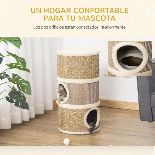 Tonel Rascador para Gatos con 3 Niveles Barril de Rascado con Plataforma Cama Cómoda Ø37,5x70 cm Marrón Claro y Beige [2]