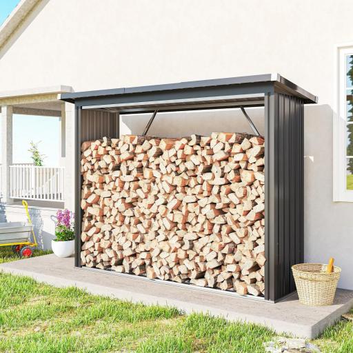 Casetilla para Leña de Acero Galvanizado con Base Elevada y Techo Inclinado 213x66,5x150 cm Gris Oscuro