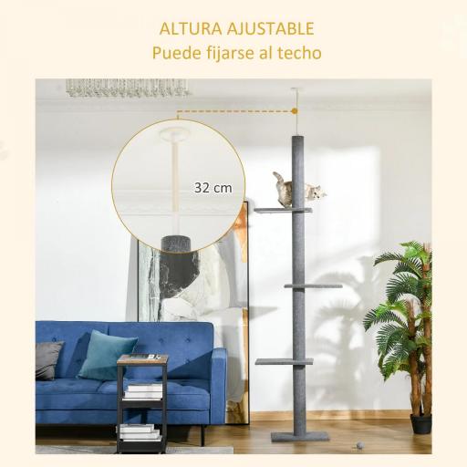 Árbol Rascador para Gatos de Suelo a Techo Torre para Gatos con Altura Ajustable 43x27x228-260 cm Gris [4]
