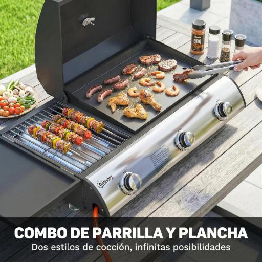 Barbacoa de Gas BBQ Gas con 3 Quemadores 7,5 kW con Parrilla Plancha Estante Lateral Convertible Termómetro Negro [2]