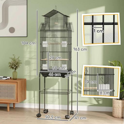 Jaula para Pájaros con Ruedas Comederos Perchas Columpio y Bandeja Extraíble 50,5x41x163 cm Negro [1]