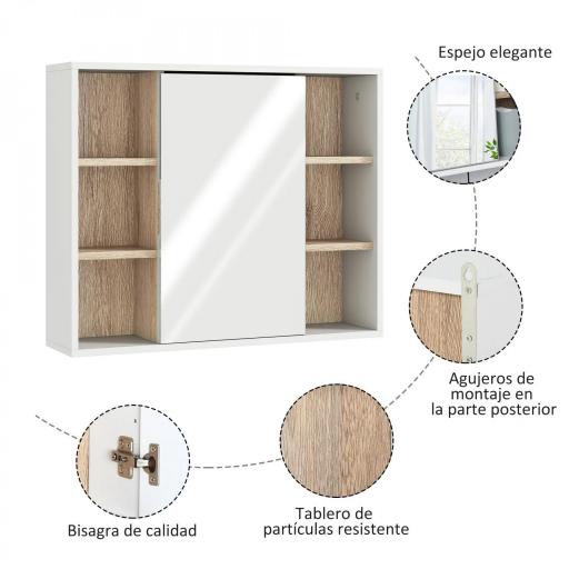 Armario Espejo con Espacio Interno con Estantes Ajustables Armario de Baño Montado en la Pared con Estantes Abiertos 60x14,5x49,4 cm Blanco y Roble [4]