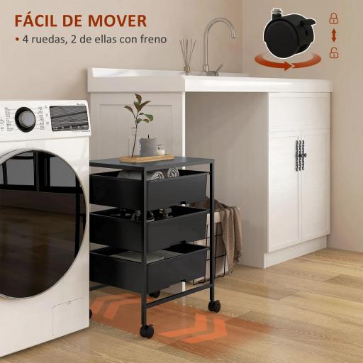 Carrito Auxiliar con Ruedas con 3 Cestas para Almacenamiento y Marco de Acero para Cocina Baño 40,8x33,5x60,5 cm Negro [5]