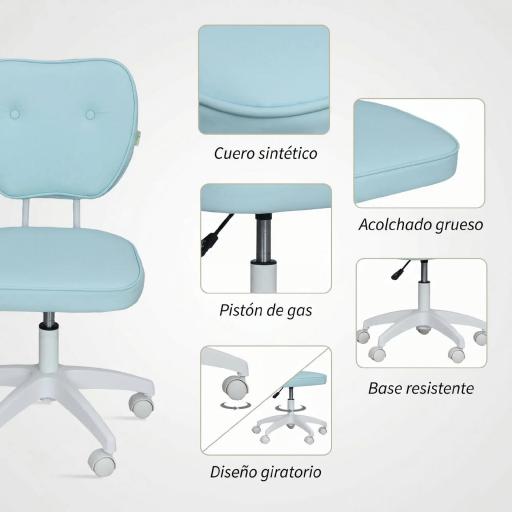 Silla de Oficina Giratoria Tapizada en PU con Altura Ajustable Sin Brazos Carga 120 kg 46x59x82-92 cm Azul Claro [5]