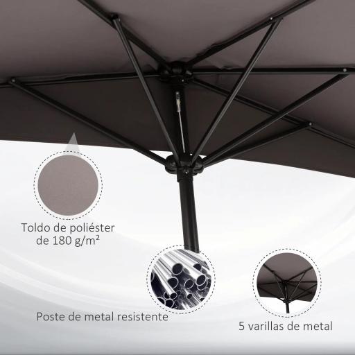 Sombrilla 269x138x236 cm Parasol de Jardín con Manivela y Forma Semicircular Tela Poliéster 180 g/m² para Exterior Terraza Patio Piscina Gris [5]