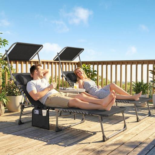 Set de 2 Tumbonas Plegables con Reposacabezas Parasol Bolsillo Lateral y Respaldo Reclinable en 5 Posiciones Negro [8]