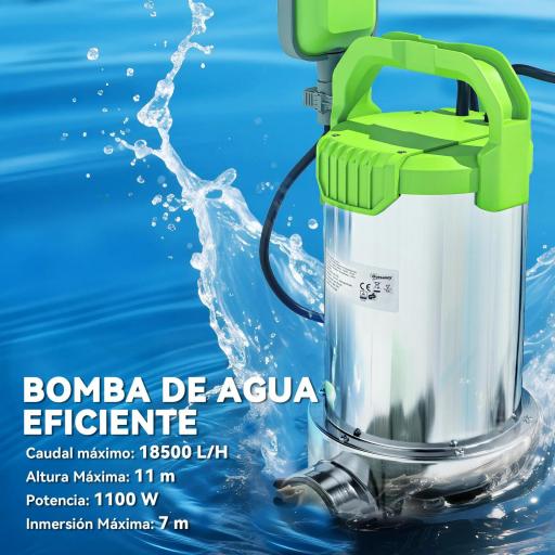Bomba Sumergible de 1100 W para Aguas Sucias con Caudal de 18.000 l/h y Control Automático Mediante Flotador [5]