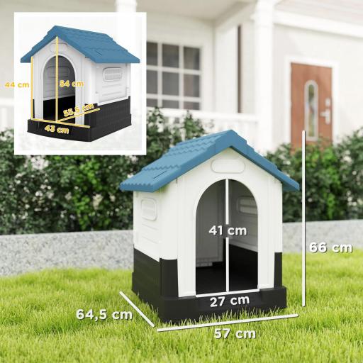 Caseta para Perros Mini para Exterior de Plástico con 3 Ventanas Base Elevada Techo Inclinado 64,5x57x66 cm Azul [1]