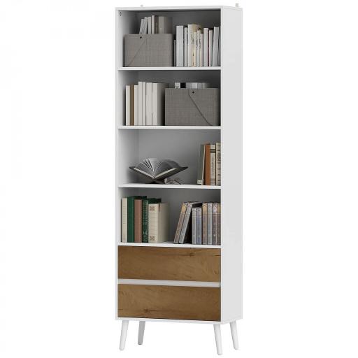 Estantería Bicolor con 4 Estantes Abiertos y 2 Cajones de Melamina con Patas de Pino 60x30x179cm Blanco y Madera Natural [9]