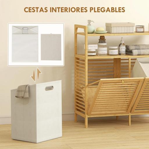 Mueble Ropa Sucia de Bambú 2 Bolsas de Ropa Extraíbles y Lavables con Asa 2 Estantes Abiertos 82x33x88 cm Natural [9]