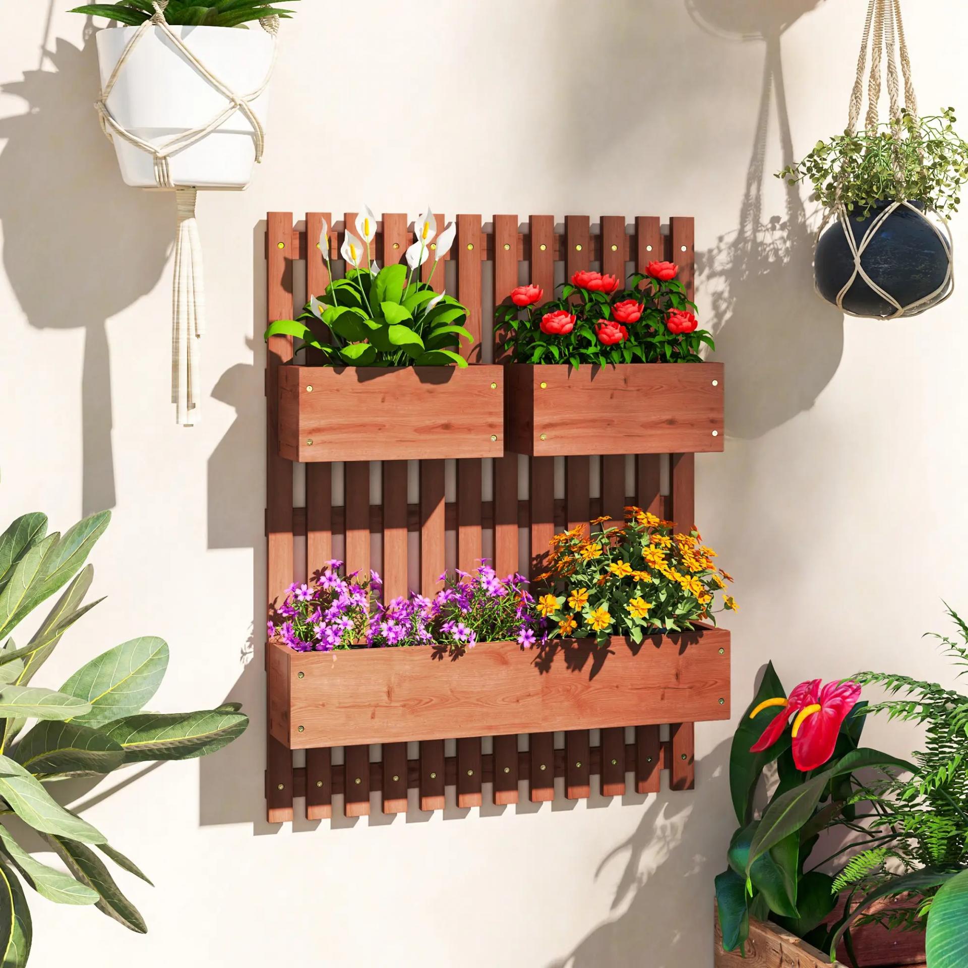 Jardinera de Pared de Madera con Enrejado y 3 Macetas Móviles para Jardín Terraza Patio 60x16x80 cm Marrón
