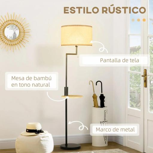 Lámpara de Pie con Mesita Auxiliar y Pantalla de Lino Interruptor de Cadena y Cargador USB Ø40x170 cm Natural [5]